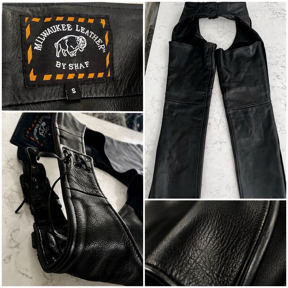Milwaukee Black Leather Motorcycle Chaps (SM) heavy Duty Riding Gear W/extender